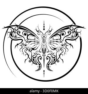 Papillon gothique, cybersigilisme en spirale illustration de papillon alliant influences néo-tribales et futuristes. Bon pour les tatouages, les affiches d'art sombres Illustration de Vecteur