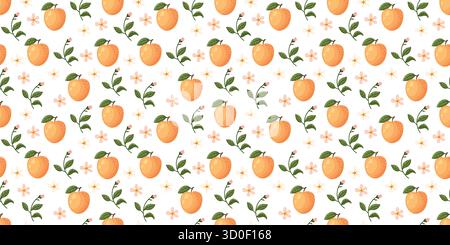 Un motif sans couture doux et frais de pêches avec des feuilles vertes et des fleurs roses, idéal pour l'emballage et la marque d'été. Illustration de Vecteur