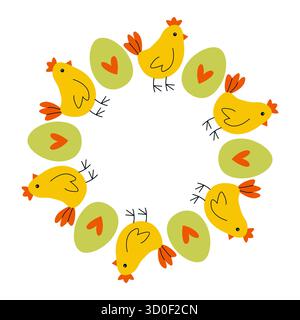 Les poulets jaunes vifs et les œufs verts aux motifs coeurs créent un motif circulaire amusant, parfait pour célébrer le printemps et les thèmes de la ferme pendant les fêtes Illustration de Vecteur