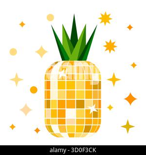 Illustration à la mode vectorielle de l'ananas avec texture de boule disco miroir. Art de fruits tropicaux isolé sur fond blanc. Conception pour fête, été po Illustration de Vecteur