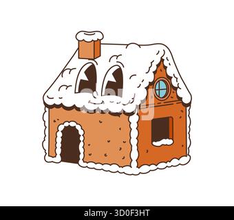 Personnage de biscuit de maison de pain d'épices groovy de Noël rétro avec des couvertures de glaçage de neige des bords de toit, du dessus de cheminée et du cadre de porte. Vecteur personnage de pâtisserie ludique de vacances avec visage souriant et glaçage Illustration de Vecteur