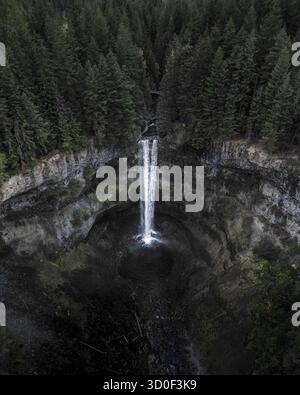 Brandywine Falls descendant une falaise sombre entourée d'une forêt dense et à feuilles persistantes, Whistler, Colombie-Britannique, Canada. Banque D'Images