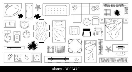 Un ensemble de contours noirs et blancs de meubles modernes, idéal pour les projets de design d'intérieur. Vue de dessus du contour du meuble. Dessins CAO Illustration de Vecteur