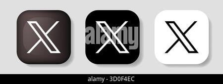 Icône de bouton carré noir de l'application X, ancienne application Twitter. Ensemble d'icônes Illustration de Vecteur