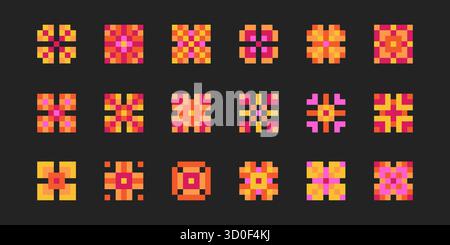 Icônes de fleurs d'art pixel dans le style y2k avec une esthétique de jeu 8 bits vibrante. Motifs géométriques de fleurs en mosaïque de carrés orange, rose et jaune. Motifs végétaux rétro pour interface numérique nostalgique Illustration de Vecteur