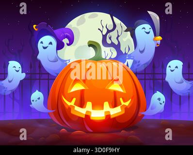 Fantômes d'Halloween, citrouille luisante de jack o lanterne Illustration de Vecteur