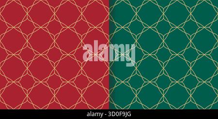Motifs sans couture festifs de Noël et du nouvel an. Fonds verts et rouges avec des motifs dorés dans le style Art déco. Imprimés traditionnels pour tissus, pack Illustration de Vecteur