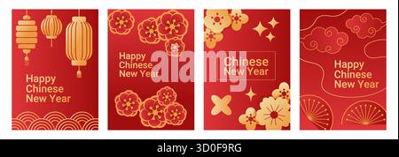 Une collection de cinq affiches du nouvel an chinois avec des accents dorés, des lanternes et des motifs floraux. Illustration de Vecteur