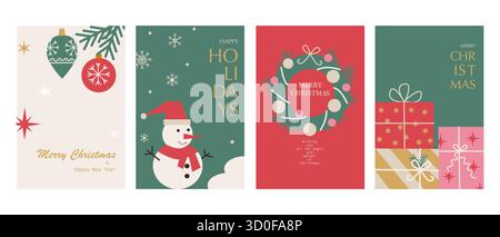 Cartes de Noël dans un style minimaliste géométrique moderne. Illustrations vectorielles de Noël avec bonhomme de neige, éléments festifs, cadeaux. Designs esthétiques tendance pour les événements Joyeux Noël et bonne année. Illustration de Vecteur