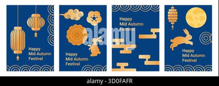 Ensemble de cartes Mid Autumn Festival en bleu foncé et or avec lapins, lune, lanternes et motifs décoratifs. Illustration de Vecteur