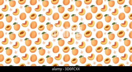 Un motif sans couture avec des pêches, des fleurs et des feuilles, idéal pour les fruits frais et les motifs botaniques. Illustration de Vecteur