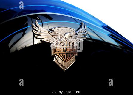Emblème à ailes Harley-Davidson sur un réservoir de moto noir brillant avec des rayures bleues Banque D'Images