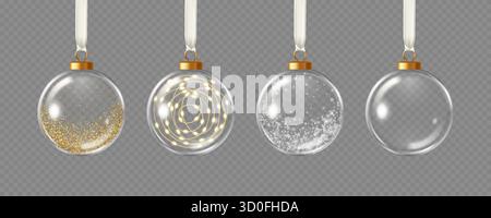 Collection d'ornements de Noël en verre suspendus avec des confettis, guirlande, neige et vide. Illustration vectorielle dans le style 3D. Illustration de Vecteur