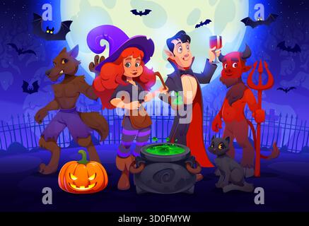 Personnages vectoriels d'Halloween sur le cimetière abandonné Illustration de Vecteur