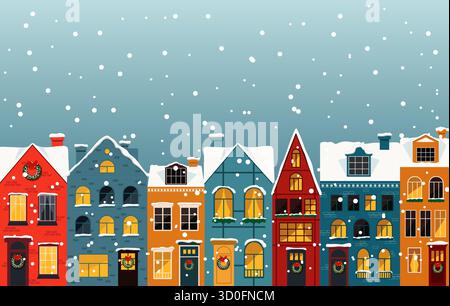 Une charmante scène hivernale avec des maisons colorées couvertes de neige, créant une atmosphère chaleureuse et festive. Illustration de Vecteur