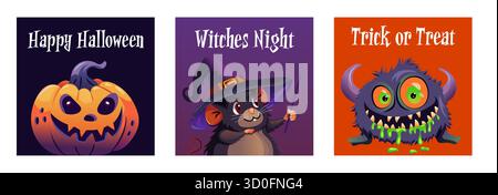 Ensemble de cartes de voeux d'Halloween avec des citrouilles, des sorcières, des monstres et des fantômes, conçu dans un style coloré de dessin animé pour des invitations de fête, des affiches et des déc Illustration de Vecteur