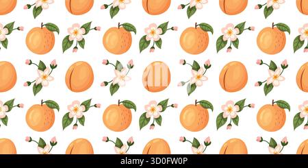 Un motif sans couture avec des pêches et des fleurs roses avec des feuilles vertes, idéal pour les modèles de printemps ou d'été. Illustration de Vecteur