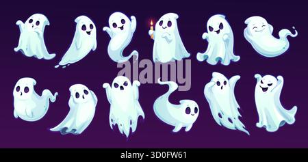 Dessins animés effrayants et mignons personnages fantômes d'Halloween Illustration de Vecteur