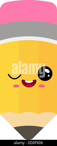 Illustration vectorielle d'un personnage de crayon jaune de style kawaii avec expression de clin d'œil heureux, gomme rose et visage amical. Illustration de Vecteur