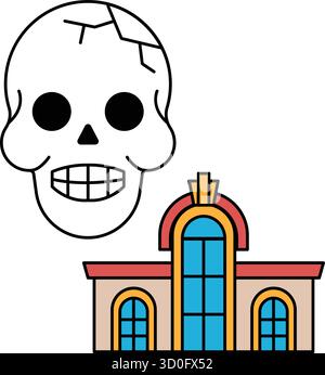 Un crâne est souriant et a la bouche ouverte, avec un bâtiment en arrière-plan. Le crâne est entouré d'un fond noir et blanc Illustration de Vecteur