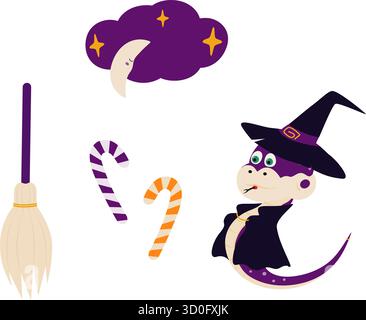 Serpent d'Halloween dans chapeau de sorcière et croissant de balai de manteau sur nuage avec étoiles et cannes de bonbon rayées. Illustration vectorielle isolée cartes thématiques Halloween Party invite bannière, dépliants, étiquettes, étiquettes Illustration de Vecteur
