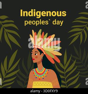 Illustration de bannière pour la Journée des peuples autochtones mettant en vedette une femme dans une coiffe à plumes traditionnelle. Illustration de Vecteur