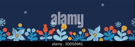 Bordure sans couture fleurie de Noël. Crayon fond d'hiver dessiné à la main avec fleur, baies et flocons de neige sur bleu. Affiche horizontale du nouvel an. Texture Illustration de Vecteur