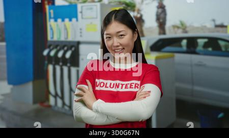 Femme souriant à la station-service portant une chemise de volontaire avec des pompes et une voiture en arrière-plan, mettant l'accent sur une scène utile et extérieure. Banque D'Images