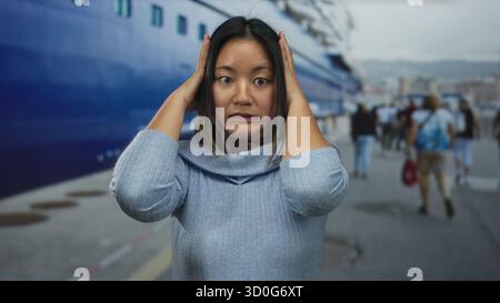 Femme couvrant les oreilles sur un port balnéaire occupé avec un grand navire bleu en arrière-plan, entouré de gens marchant, exprimant la frustration à l'outdo Banque D'Images