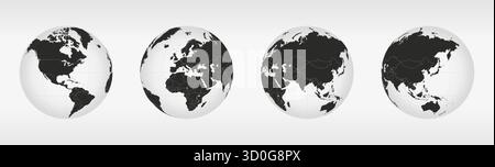 Quatre Globes monochromes avec carte du monde détaillée. Une carte du monde monochrome est montrée sur quatre globes distincts, détaillant les continents et les pays en noir A. Illustration de Vecteur