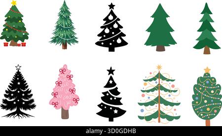 Collection d'arbres de Noël festifs avec décorations et cadeaux Illustration de Vecteur