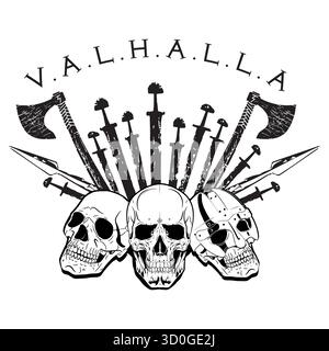Design Ragnarok Viking. Trois crânes de Vikings, le bouclier d'un Viking avec des runes, des haches de bataille, des épées et des lances Illustration de Vecteur