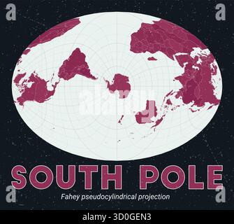 Pôle Sud. Carte du monde. Projection pseudo-cylindrique de Fahey centrée sur le pôle Sud. Palette Pink foncé menthe pâle. Texture vintage. Illustration de Vecteur