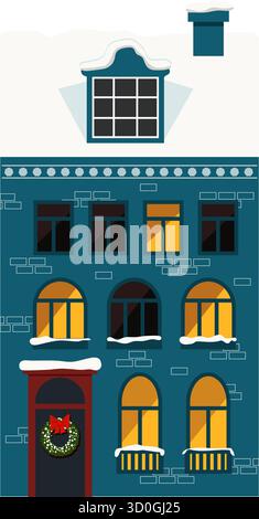 Imaginez une maison d'hiver confortable ornée de flocons de neige doux et de fenêtres chaudes, parfaite pour la joie et la nostalgie saisonnières Illustration de Vecteur