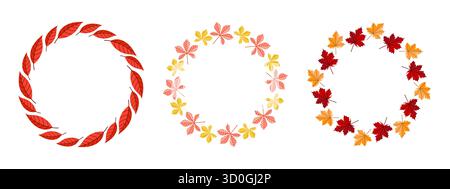 Trois couronnes d'automne incroyablement belles et vibrantes faites de façon créative à partir de feuilles colorées pour les décorations d'automne Illustration de Vecteur