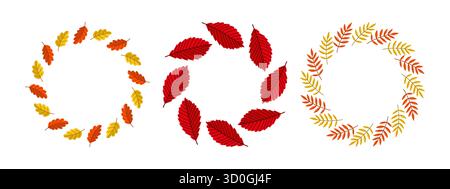 Collection de couronnes d'automne dessinées à la main faites de feuilles et de branches colorées. Idéal pour les cartes saisonnières, les affiches et les invitations. Illustration de Vecteur