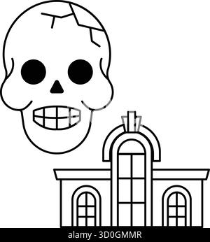Un crâne est souriant et a la bouche ouverte, avec un bâtiment en arrière-plan. Le crâne est entouré d'un fond noir et blanc Illustration de Vecteur