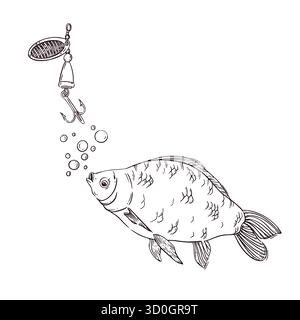 Pêcher le poisson de rivière avec un hameçon, une grosse carpe crucienne, des bulles d'air, un hameçon avec une cuillère pour attraper le poisson. Tous les objets sont dessinés à la main à l'encre. Pour Illustration de Vecteur