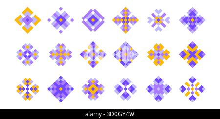 Icônes de fleurs d'art pixel dans le style y2k. Jeu 8 bits formes graphiques de motifs de broderie géométrique. Ornements numériques rétro de motifs décoratifs en mosaïque pour la conception d'interface nostalgique ou textile culturel Illustration de Vecteur