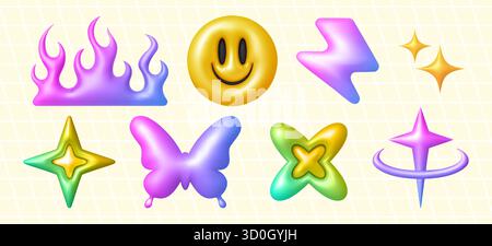 collection d'objets 3d y2k avec flammes de gradient brillant, visage souriant jaune, éclair et étincelles pour un design rétro. Formes de papillon et d'étoile avec des éléments d'anneau orbital dans des couleurs vives. Illustration de Vecteur