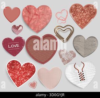 Ensemble de coeurs romantiques pour collage ou scrapbooking. Symboles d'amour avec paillettes, texturés et à motifs avec des clips dorés pour les décorations de la saint-valentin. Formes tricotées roses et découpes de journaux. Illustration de Vecteur