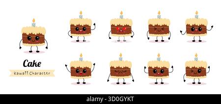 Adorables personnages de gâteaux de dessins animés présentant diverses expressions et humeurs, parfaits pour les célébrations Illustration de Vecteur