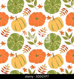 Motif citrouille sans couture. Texture de répétition de légumes d'automne. Jolie collection de courges orange, verte et jaune. Conception de moisson d'automne. Fond dessiné à la main. Illustration de Vecteur