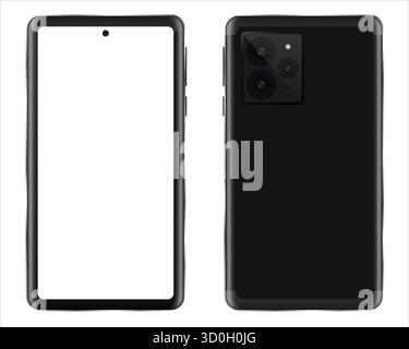 Maquette vectorielle de smartphone noir réaliste montrée de l'avant et de l'arrière. Comprend une caméra selfie perforée et un module de caméra arrière multi-objectif Illustration de Vecteur