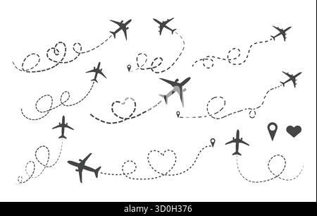 svg de route d'avion, svg d'avion, ligne pointillée d'amour avec svg d'avion, silhouette de route d'avion d'amour, svg de chemin de coeur de route d'avion, silhouette de route d'avion Illustration de Vecteur