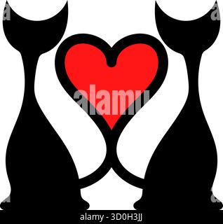 Deux chats avec coeur. Leurs queues courbées formant un cœur rouge entre elles. Parfait pour la Saint-Valentin, invitations de mariage, cartes de voeux. Illustration de Vecteur