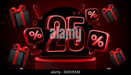 Vendredi fou 25 hors soldes. Bannière promotionnelle accrocheuse avec cadeaux et symboles de pourcentage. Illustration vectorielle Illustration de Vecteur