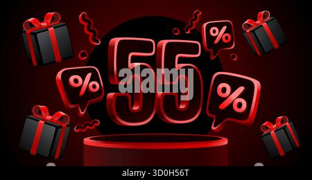 Black Friday 55 promotion de réduction avec des numéros rouges brillants, des boîtes cadeaux et des symboles de pourcentage sur un fond sombre. Parfait pour les bannières de vente et les offres saisonnières. Illustration vectorielle Illustration de Vecteur