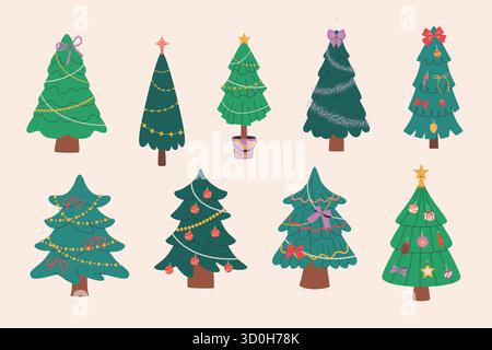 Ensemble arbre de Noël. Illustrations festives isolées Illustration de Vecteur