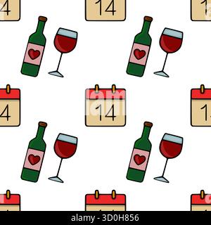 Modèle vectoriel sans couture avec des bouteilles de vin avec des étiquettes de coeur et des verres, à côté de calendriers marqués du numéro 14, évoquant un valent romantique Illustration de Vecteur